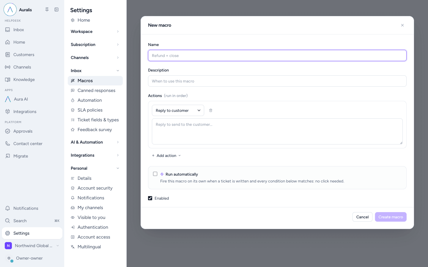 Creating a macro with a reply and a status action