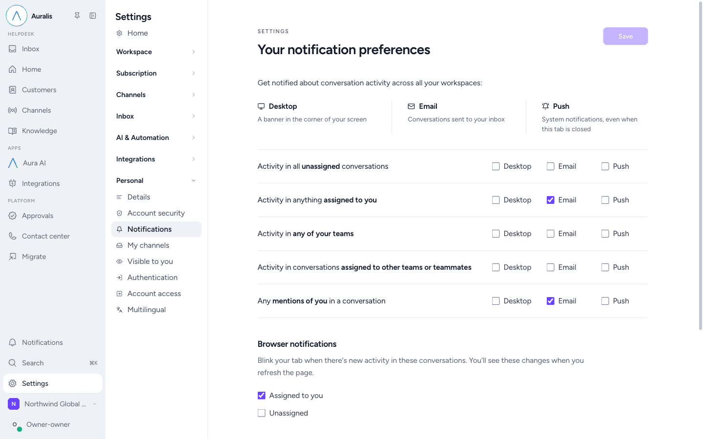 The notification preferences matrix